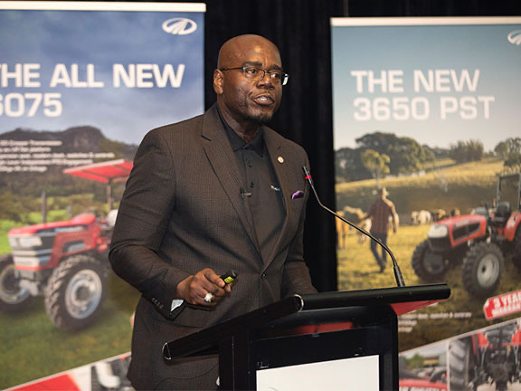 Cleophus P. Franklin Jr. presenting at a Mahindra tractor product launch